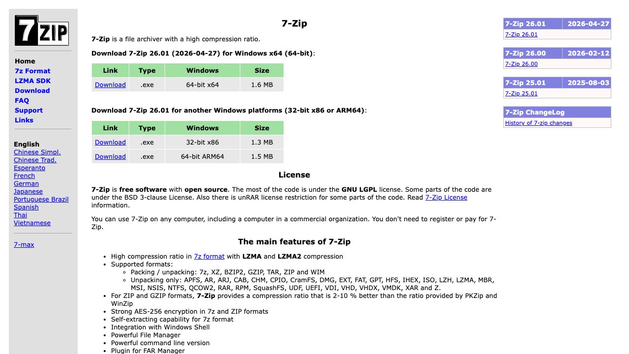 7-Zip official website preview