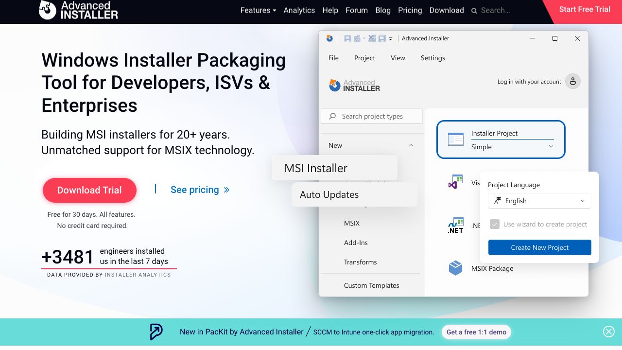 Advanced Installer official website preview