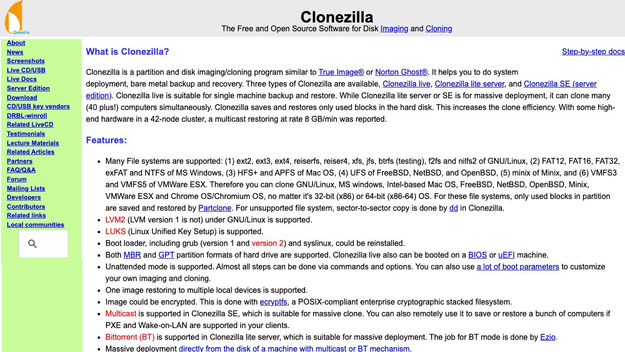 Clonezilla official website preview