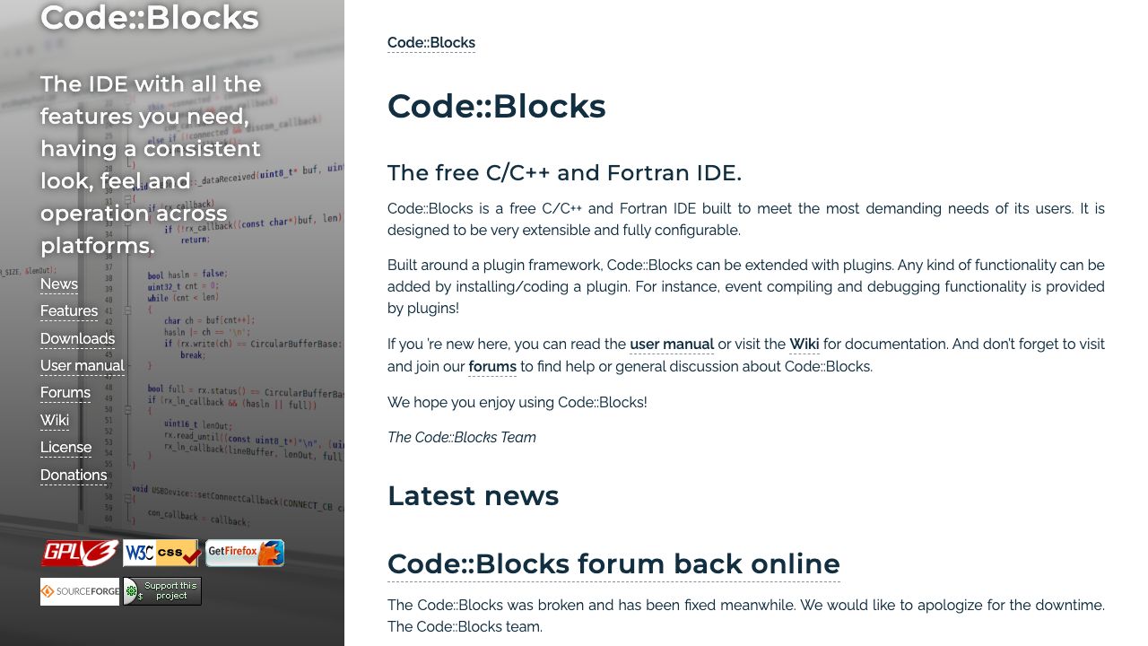 Code::Blocks IDE official website preview