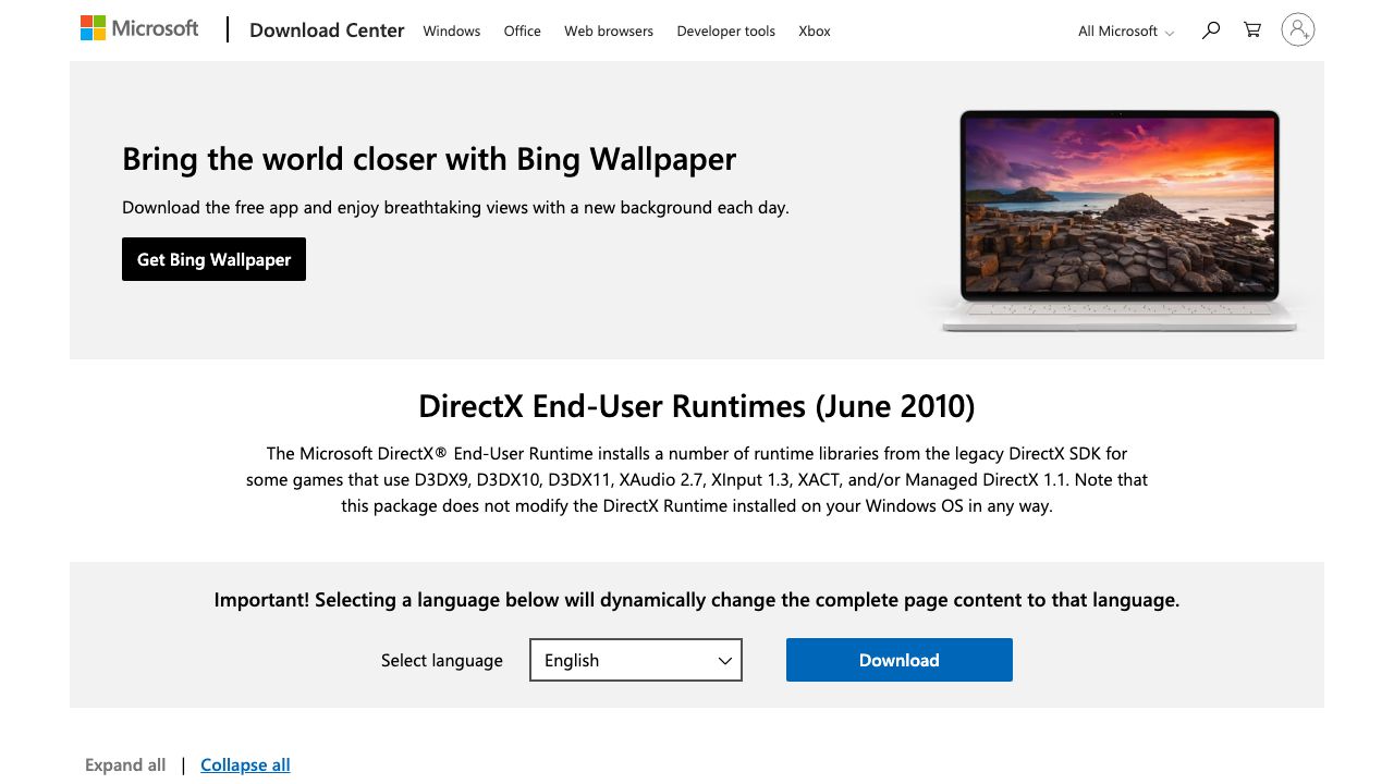 DirectX 9 / 10 / 11 Runtime official website preview