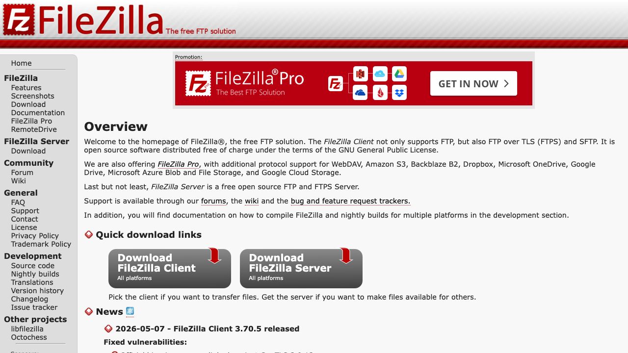 FileZilla official website preview