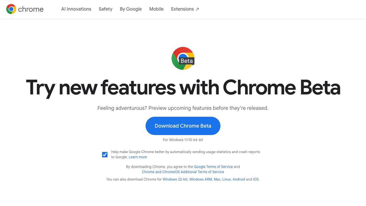 Google Chrome Beta official website preview