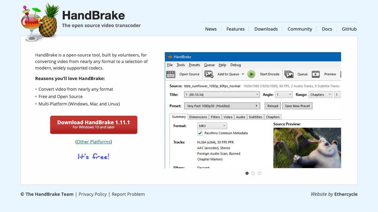 HandBrake official website preview