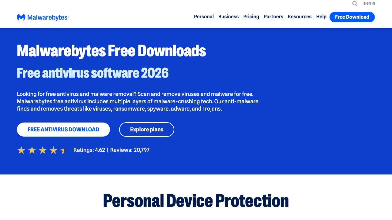 Malwarebytes Free official website preview