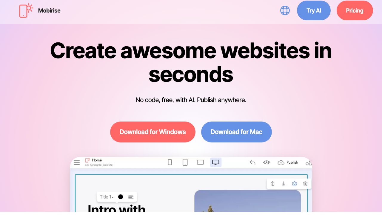 Mobirise official website preview