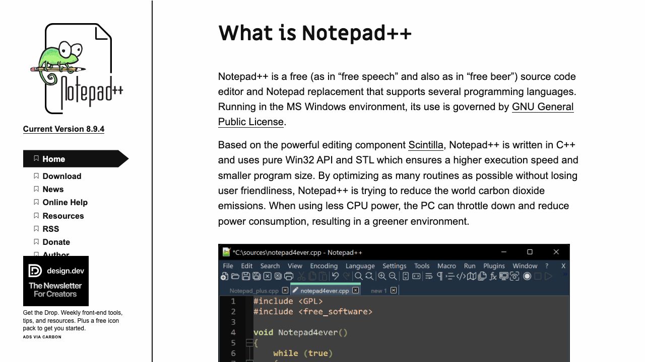 Notepad++ official website preview