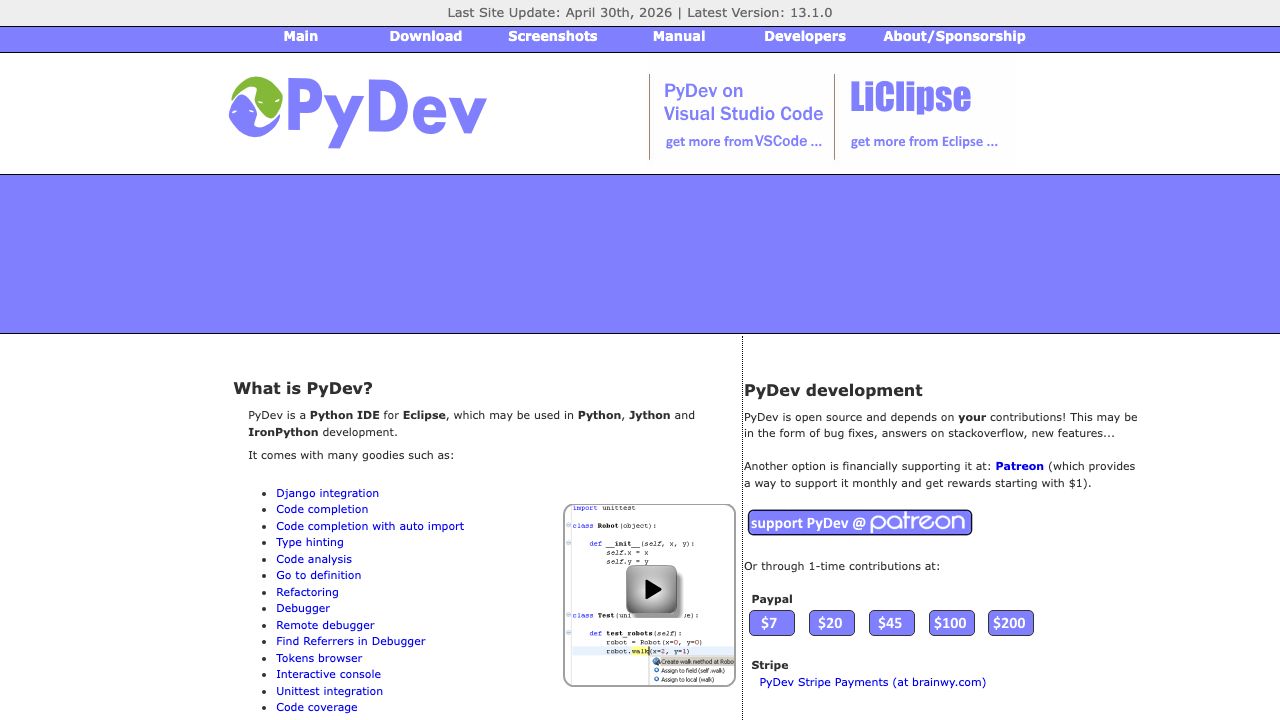 PyDev official website preview