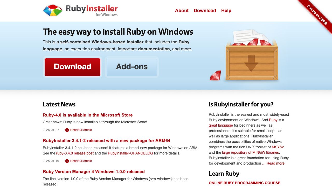 Ruby Installer official website preview