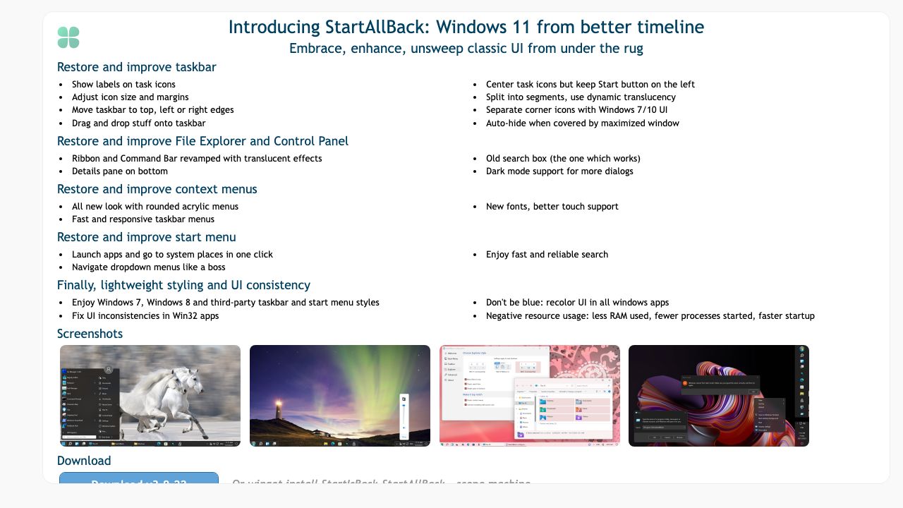 StartAllBack official website preview