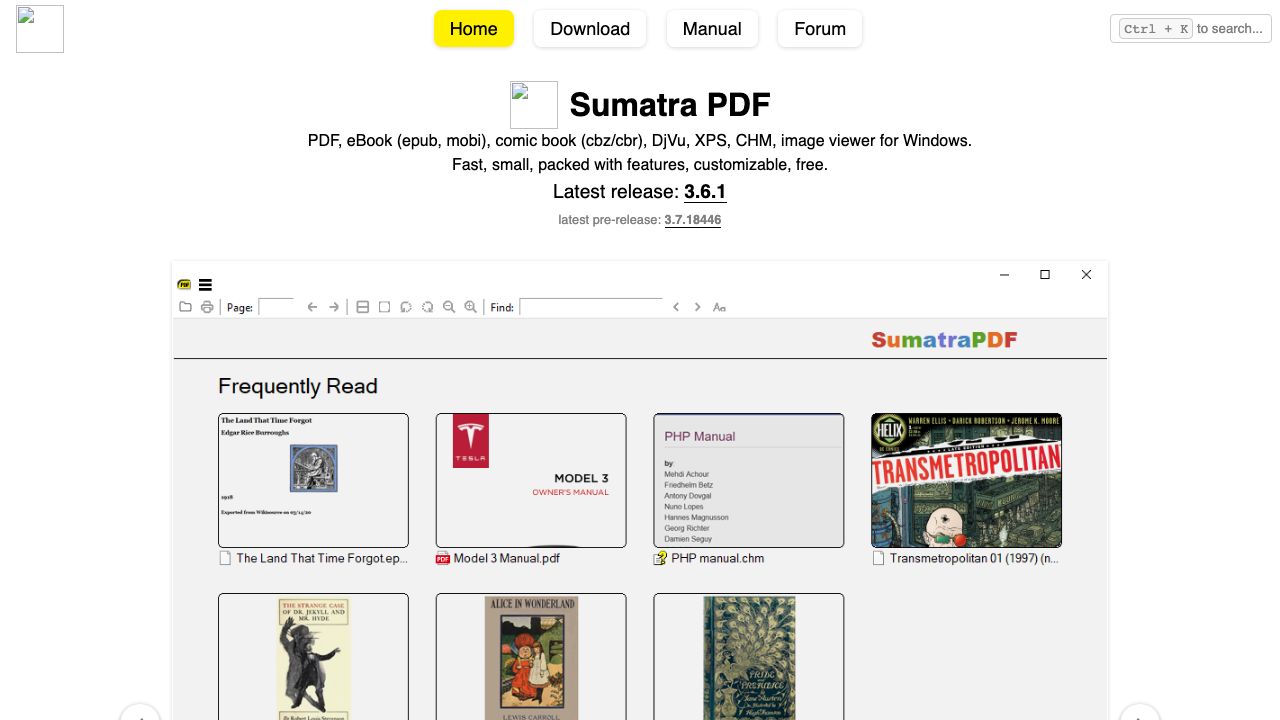 Sumatra PDF official website preview