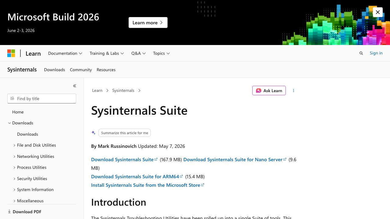 Sysinternals Suite official website preview
