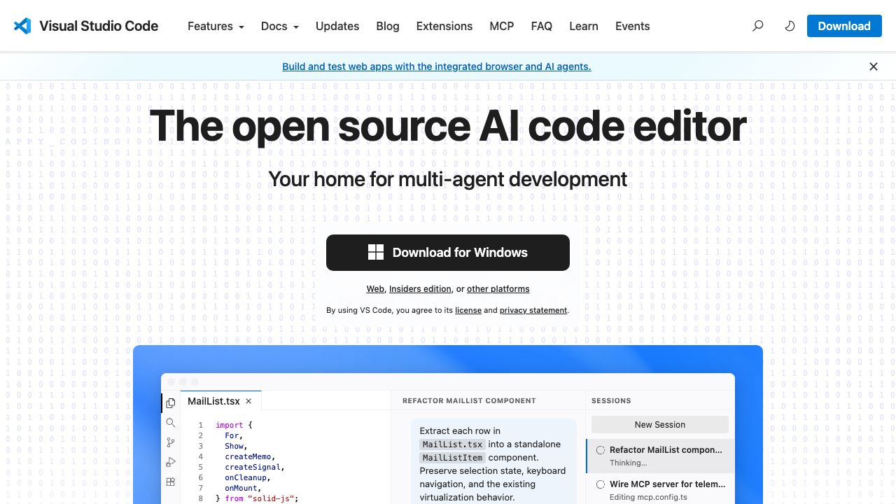 Visual Studio Code official website preview